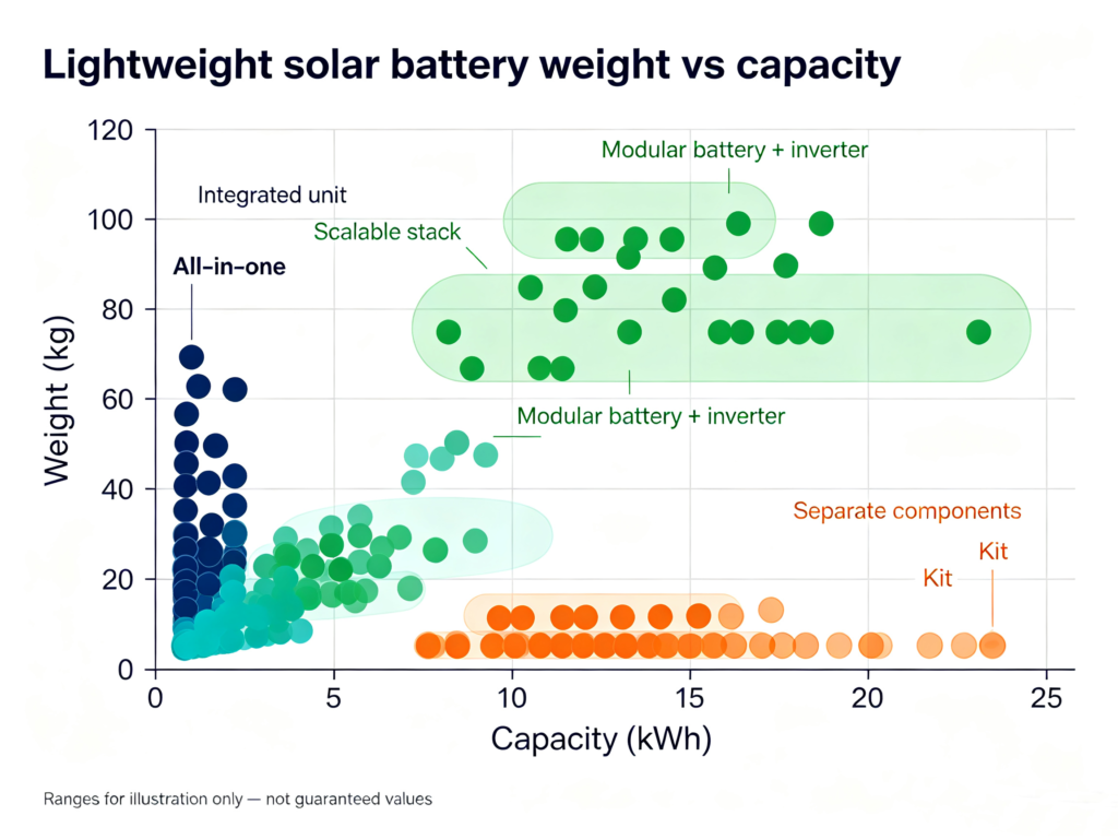 Chart comparing weight versus capacity for three lightweight solar battery form factors