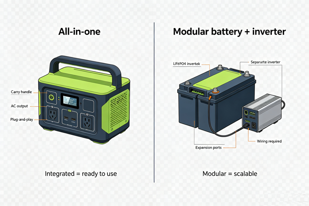 All-in-one portable power station versus modular LiFePO4 battery with separate inverter