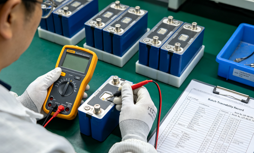 Technician measuring internal resistance of an LFP cell next to a batch traceability record sheet