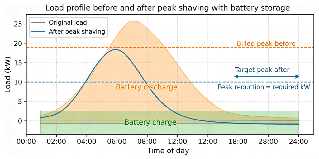 Daily load profile showing billed peak reduced by battery discharge during peak shaving