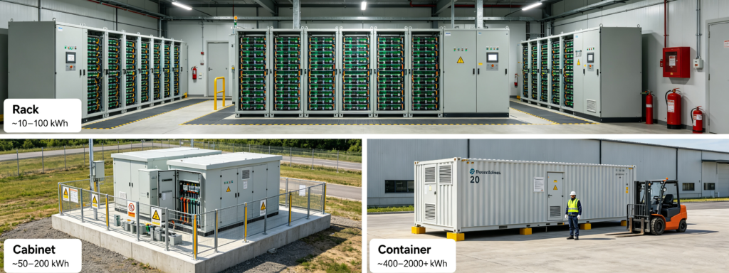 Side by side comparison of rack, outdoor cabinet and container battery energy storage systems