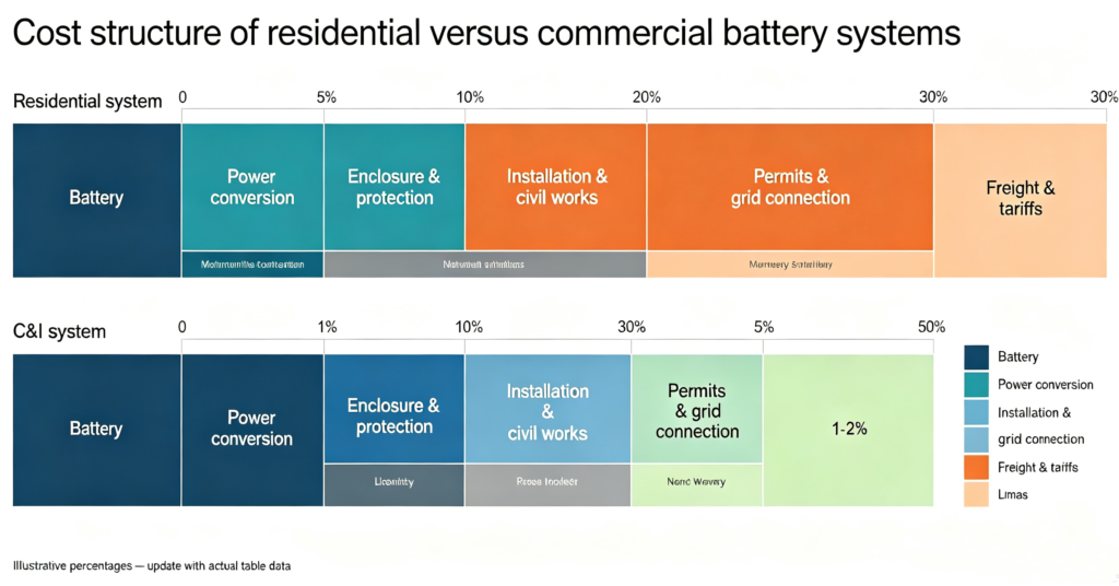 Stacked bars comparing cost structure of a residential solar battery system and a commercial system