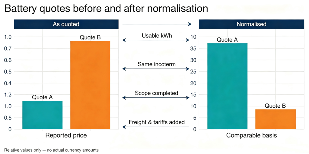 Diagram showing two battery quotes reversing rank after normalising capacity, trade term and scope