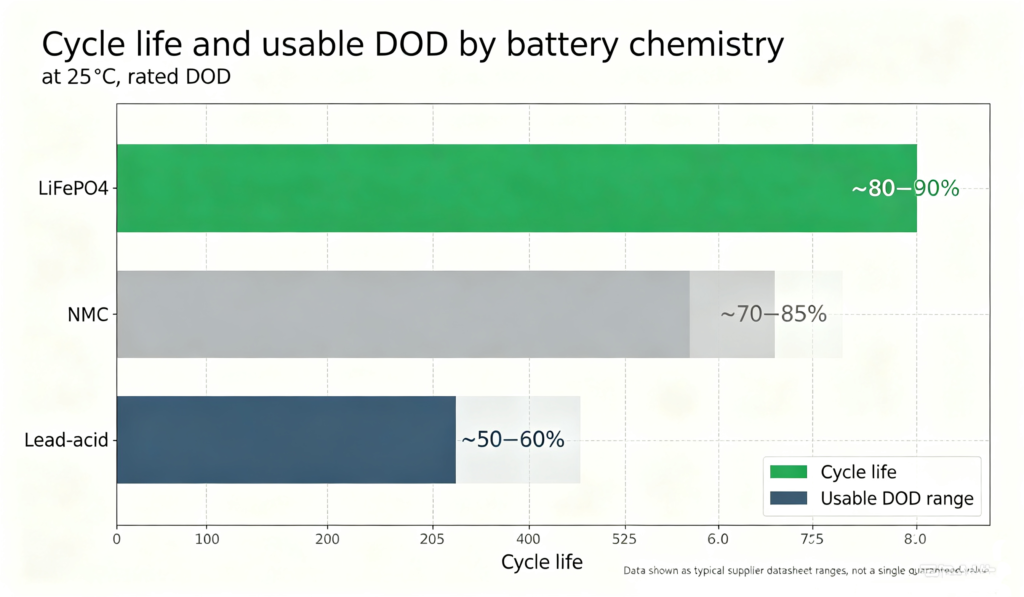 Chart comparing cycle life and usable depth of discharge of LiFePO4, NMC and lead-acid batteries