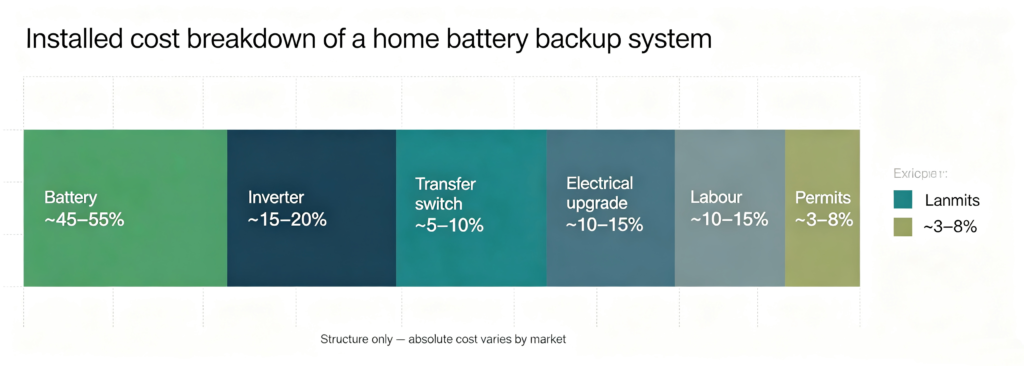 Stacked bar chart showing installed cost breakdown of a home battery backup system by component share