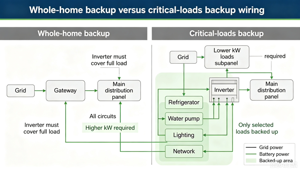 Diagram comparing whole home battery backup wiring with a critical loads subpanel configuration