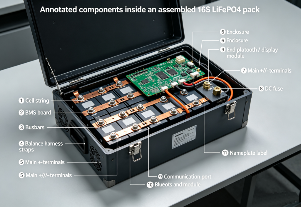 Annotated 16S LiFePO4 battery pack showing BMS, busbars, balance harness and compression hardware