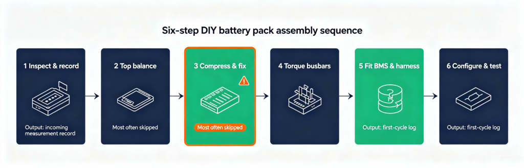 Six step DIY battery pack assembly sequence with top balancing highlighted as the skipped step