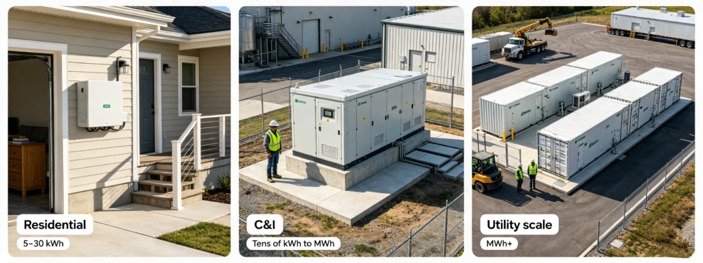Residential wall battery, commercial storage cabinet and containerised utility scale system compared