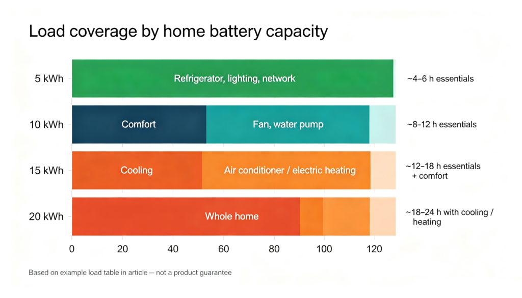 Bar chart comparing which household loads 5, 10, 15 and 20 kWh home batteries can support