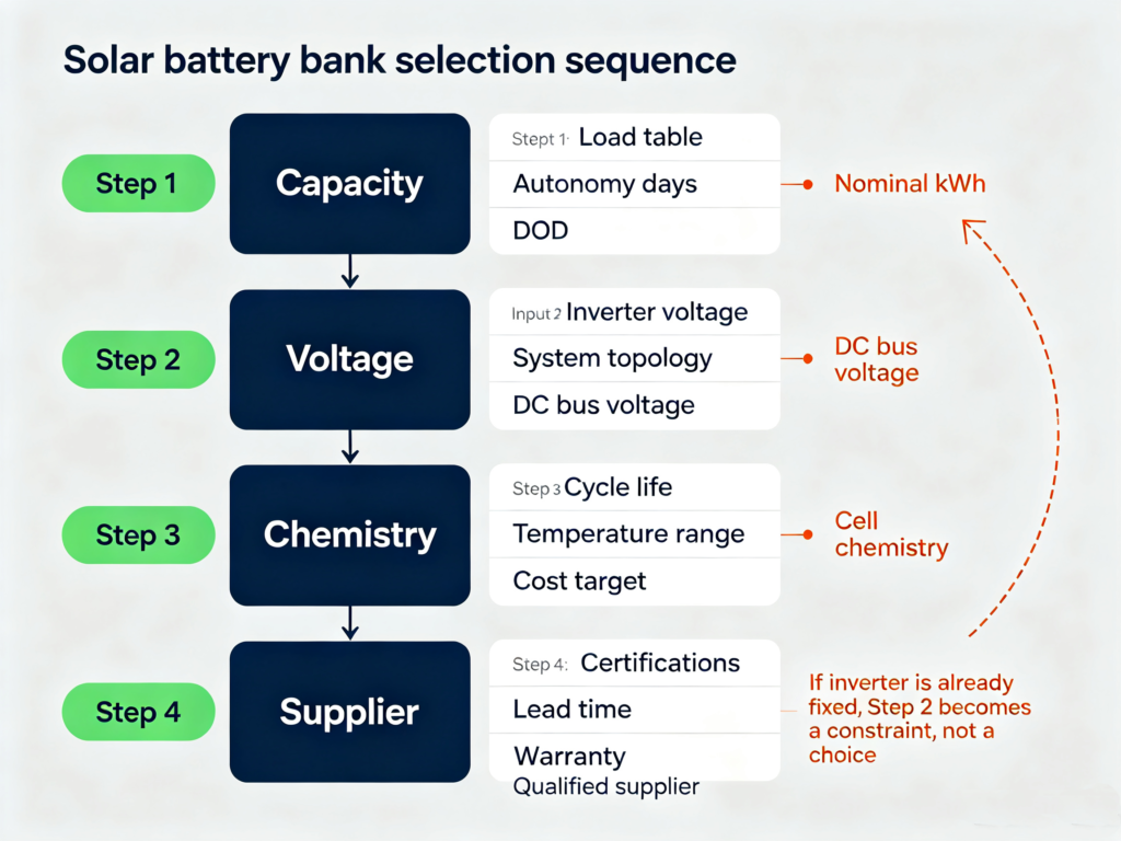 Four-step decision flow for sizing a solar battery bank: capacity, voltage, chemistry and supplier
