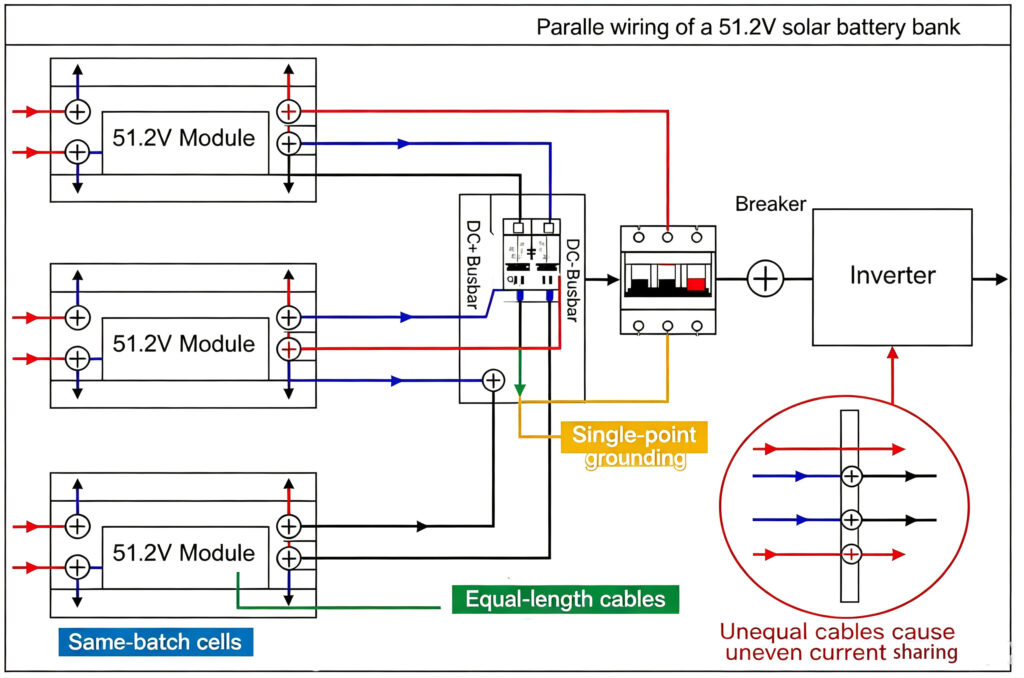 Wiring diagram of three 51.2V battery modules paralleled to a DC busbar with breaker and equal-length cables