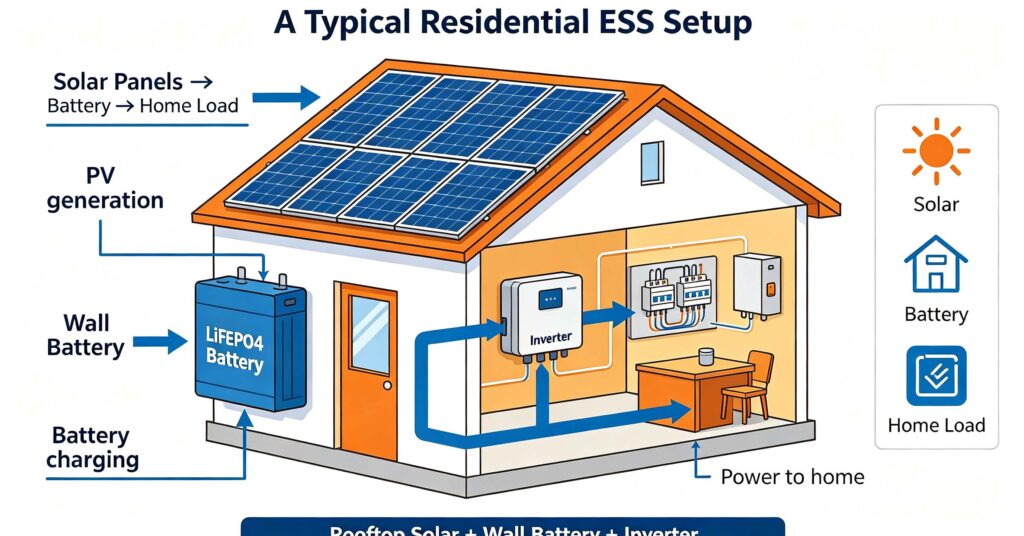 Typical home with rooftop solar, wall battery and inverter