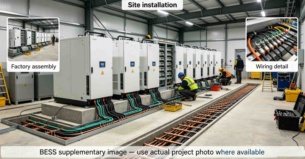 Row of cabinet-style industrial battery storage at a factory