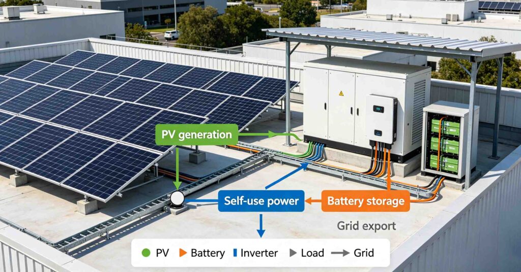 Commercial rooftop solar with cabinet battery storage topology