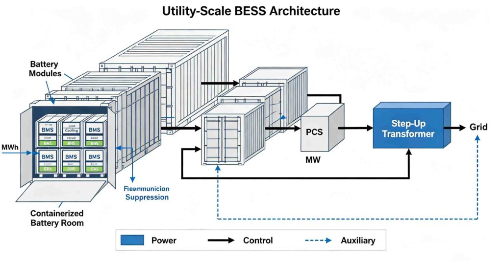Architecture of a containerized utility-scale battery storage system from cells to grid