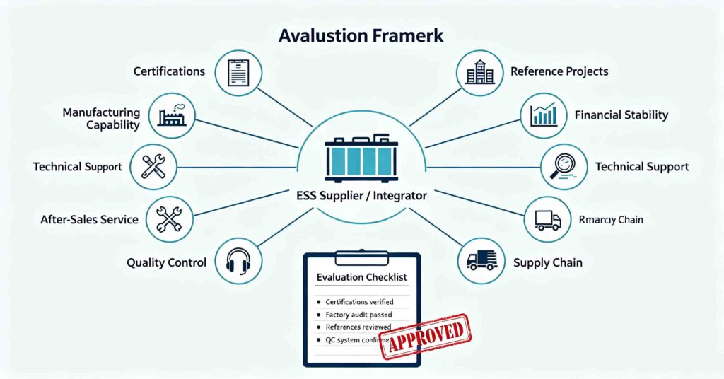 Supplier evaluation framework diagram showing eight assessment dimensions for selecting an energy storage integrator or battery storage supplier