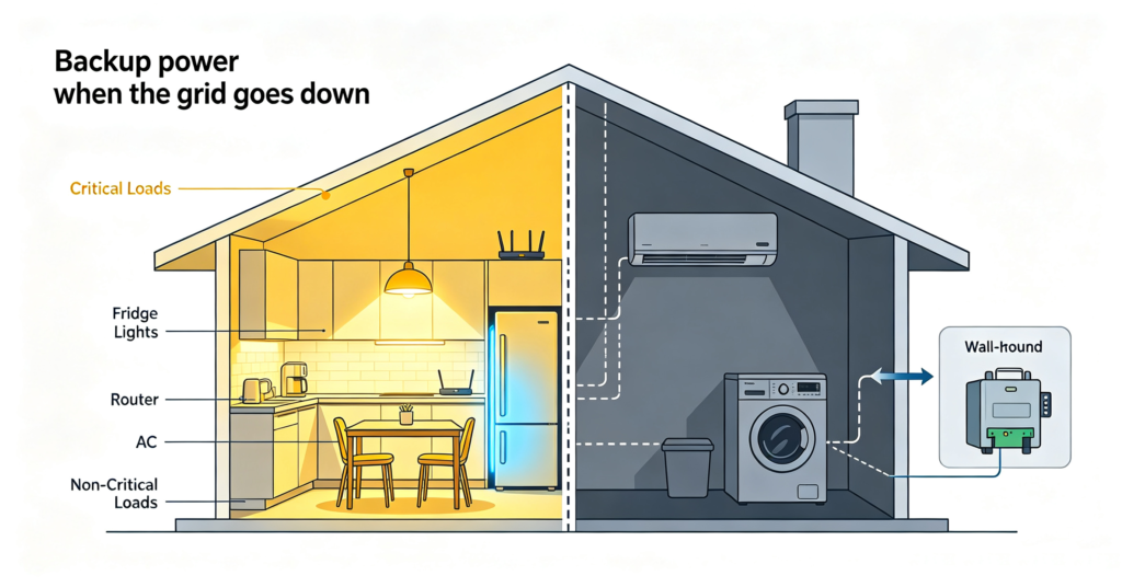Home battery backup wiring with transfer switch