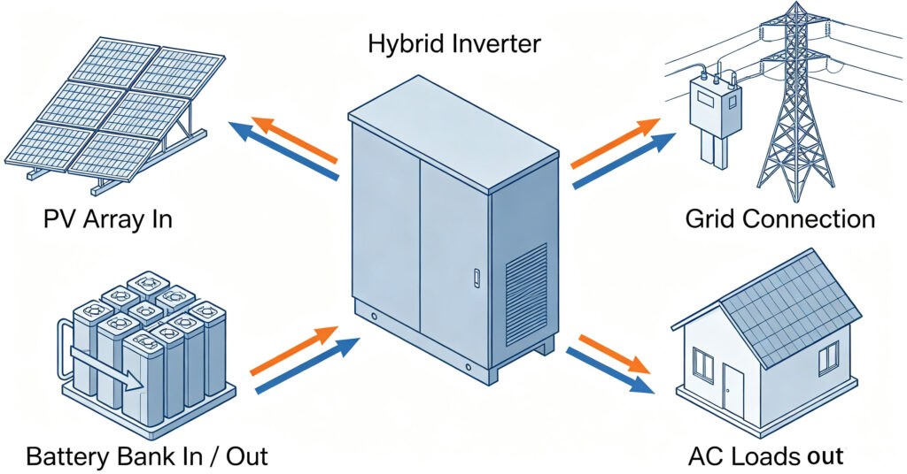 Energy storage inverter energy flow diagram between solar, battery, grid and loads