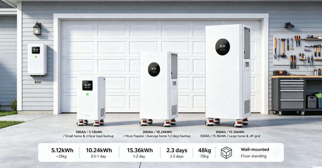 51.2V 200Ah LiFePO4 battery comparison: 100Ah, 200Ah and 300Ah capacities, kWh, backup duration and weight