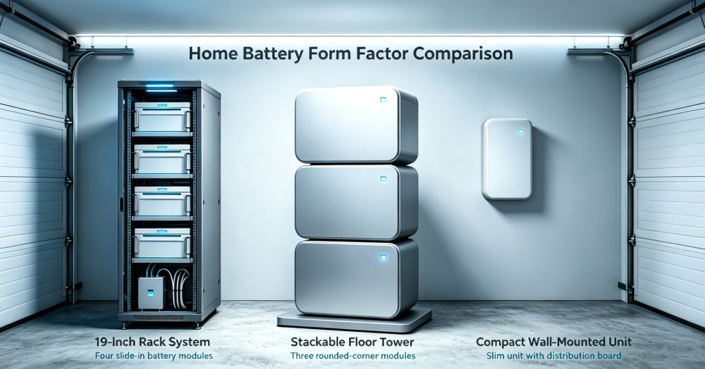 Rack, stackable and wall-mounted home battery form factors compared side by side