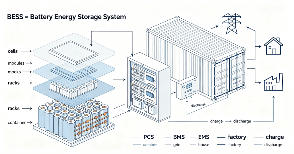 BESS definition diagram showing cell to module to rack to container layers
