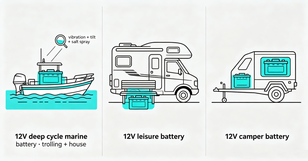 Three vehicle silhouettes showing where a 12v deep cycle marine battery fits in a boat, motorhome and camper