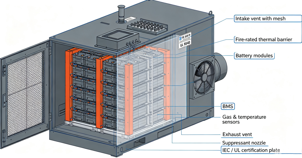 Cutaway of a BESS cabinet showing fire barriers, ventilation, gas sensors and suppression nozzles