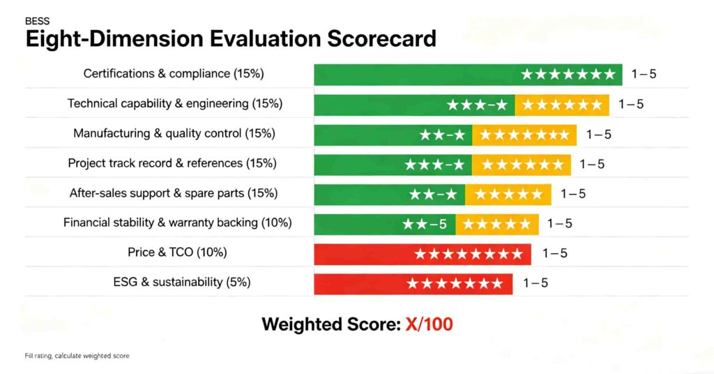 Supplier evaluation scorecard template showing eight weighted dimensions for BESS integrator assessment with ratings