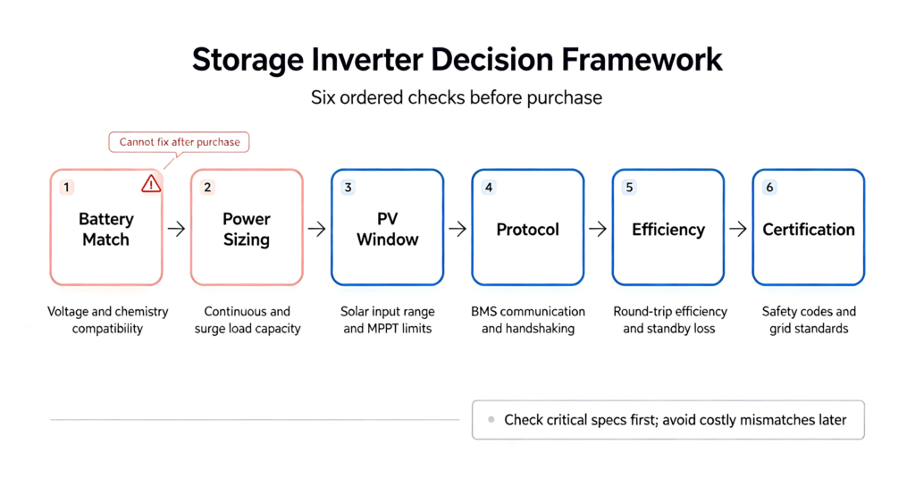 Storage inverter selection flowchart with six ordered checks