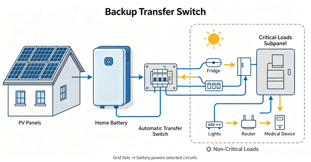 Home battery backup wiring with transfer switch