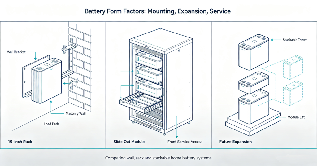 Mounting, expansion and service access compared for wall, rack and stackable batteries