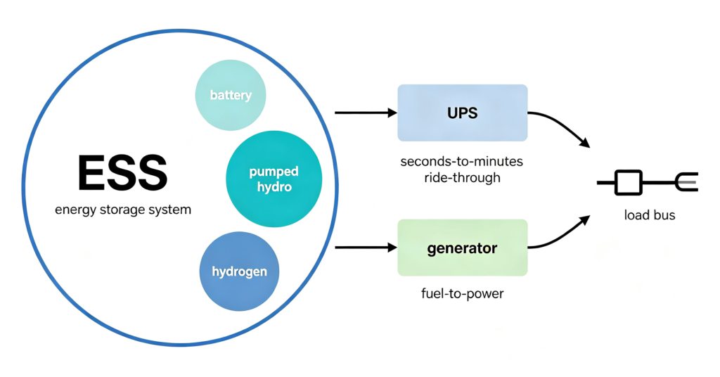 Diagram comparing BESS with ESS UPS and generator definitions