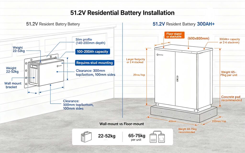 51.2V residential battery wall-mount vs floor-mount installation comparison showing dimensions, weight, capacity and clearance requirements for each mounting option