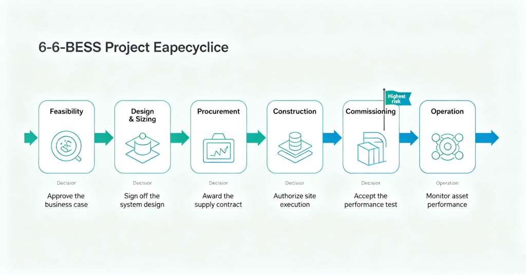 Pipeline of a BESS project from feasibility through commissioning to operation