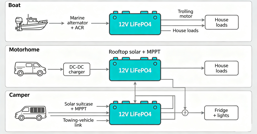 Diagram of a 12v deep cycle marine battery serving a boat, motorhome and camper with different charging sources