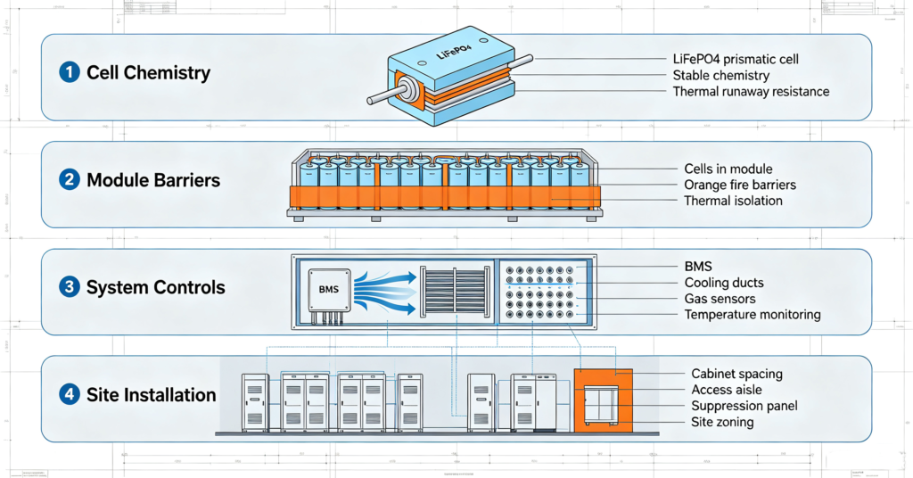 Four layers of battery storage fire protection from cell chemistry to site installation