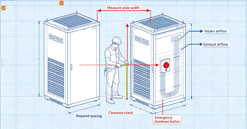 Installer checking BESS cabinet spacing and ventilation clearances on site