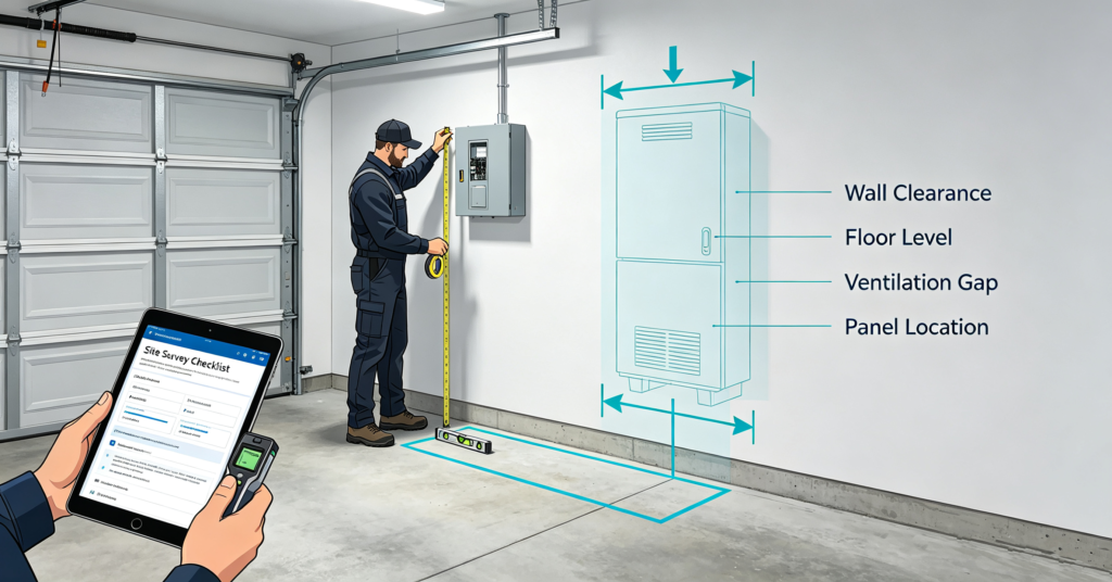 Installer measuring wall clearance and floor level for home battery installation