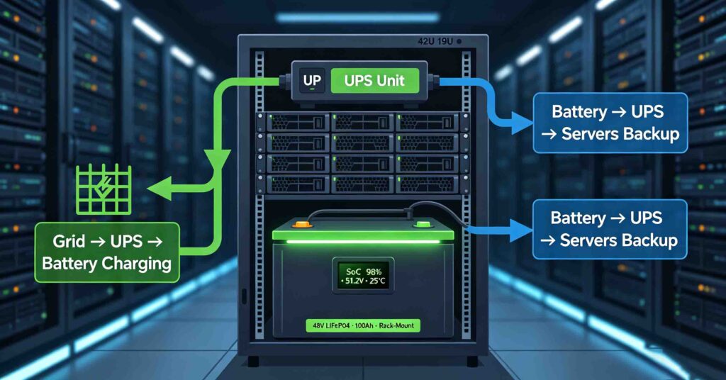 Battery storage for data centers: rack-mounted 48V LiFePO4 battery in a server rack connected to a UPS unit with power flow for backup and charging