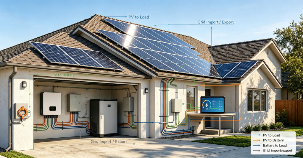 Hybrid solar plus battery storage system with roof array and wall battery
