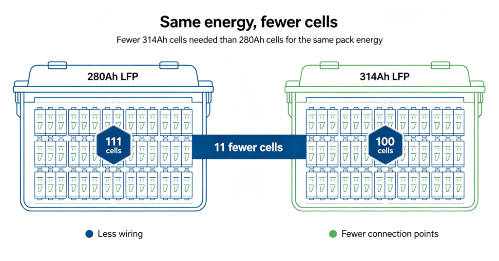 Fewer 314Ah cells needed than 280Ah cells for the same pack energy 