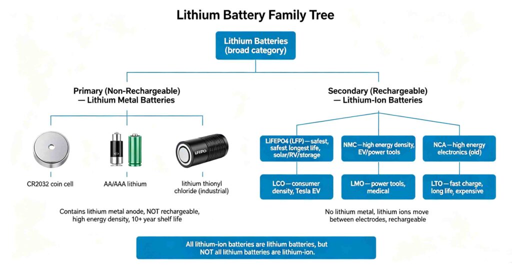 Lithium battery family tree showing primary lithium metal batteries vs secondary lithium-ion batteries with six chemistries including LiFePO4, NMC, NCA, LCO, LMO and LTO
