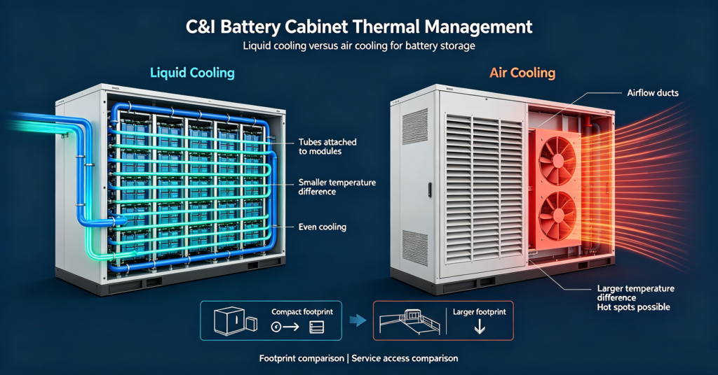 Comparison of liquid-cooled and air-cooled C&I battery storage cooling