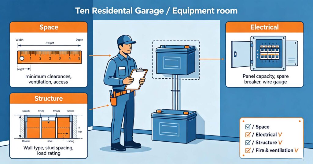 Battery installation site assessment checklist: space, electrical panel capacity and structural wall load checks