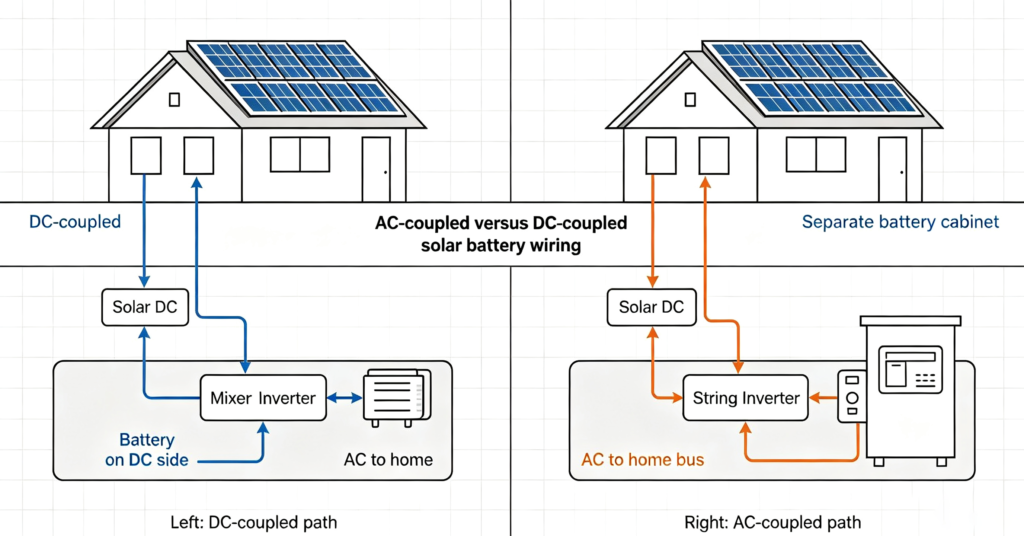 AC-coupled and DC-coupled solar PV battery storage wiring layouts compared side by side