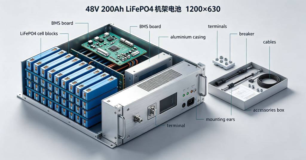 48V 200Ah LiFePO4 rack battery with BMS, casing and terminals shown in layers