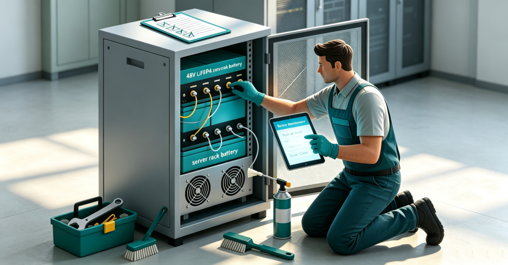 A technician performing solar battery maintenance on a 48V lithium battery cabinet with a tablet showing state of health