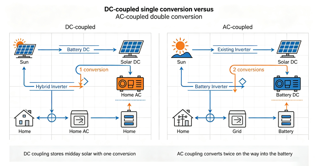 Energy flow arrows showing one conversion in DC coupling and two in AC coupling