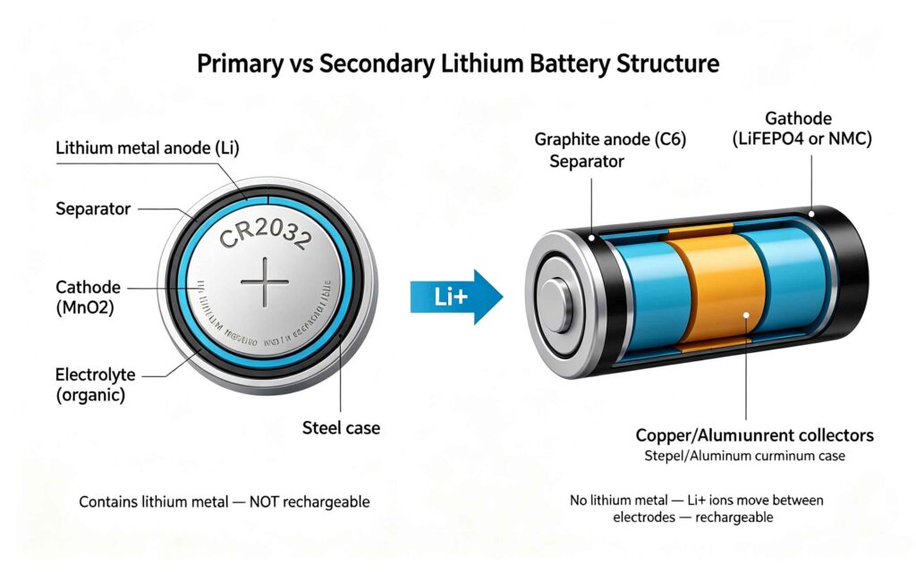 Lithium primary vs lithium-ion secondary battery internal structure comparison showing lithium metal anode in primary battery vs graphite anode in lithium-ion battery with ion movement